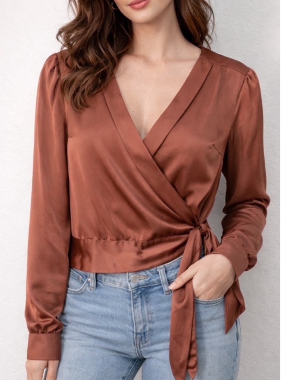 Abercrombie Wrap-Front Satin Dusty Rose Deep V side Tie Blouse *flaw